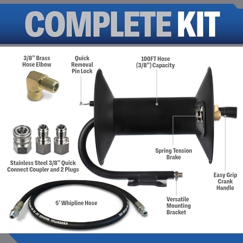 ESSENTIAL WASHER Pressure Washer Hose Reel 100 FT | 4000 PSI Power Washer Hose Reel | Made For 3/8" Hose | Comes With Additional Accessories | (Assembly Required)
