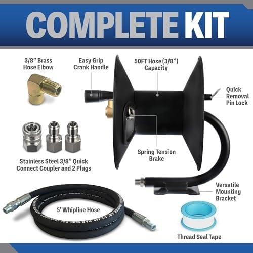 ESSENTIAL WASHER Pressure Washer Hose Reel 50 FT Kit | 4000 PSI Power Washer Hose Reel | Made For 3/8" Hose | Comes With Additional Accessories | (Assembly Required)