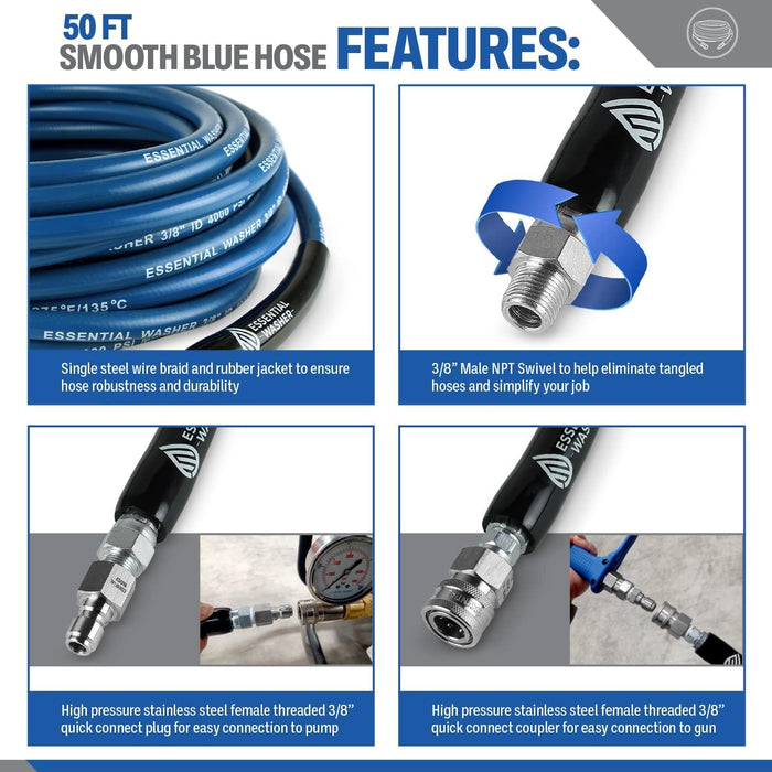 Pressure Washer Hose With 3/8 Quick Connect Fittings and 360 Swivel Outlet | 4000 PSI
