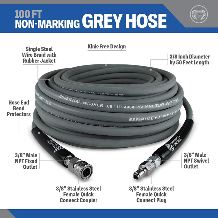 Pressure Washer Hose With 3/8 Quick Connect Fittings and 360 Swivel Outlet | 4000 PSI