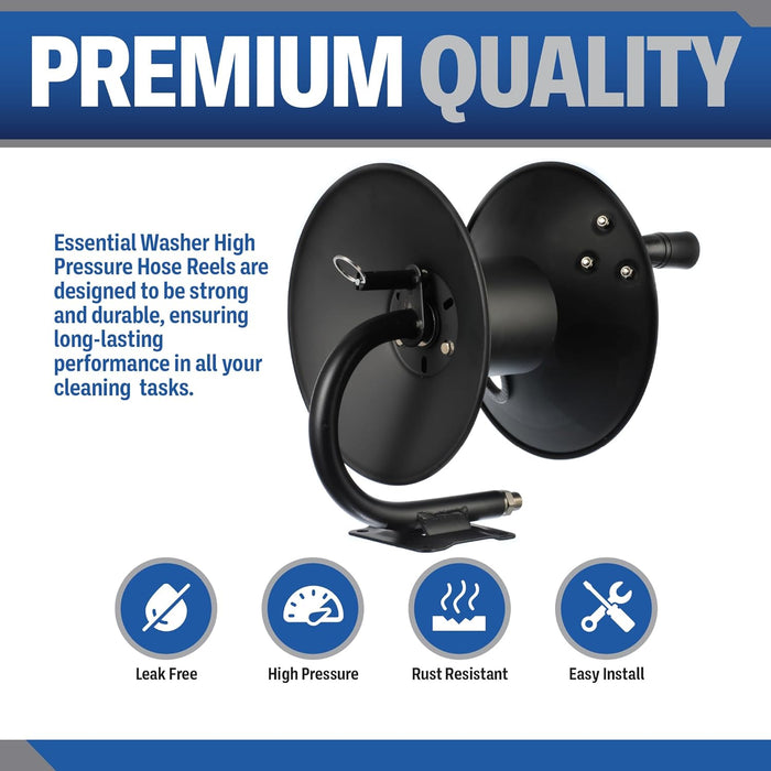 ESSENTIAL WASHER Pressure Washer Hose Reel 50 FT Kit | 4000 PSI Power Washer Hose Reel | Made For 3/8" Hose | Comes With Additional Accessories | (Assembly Required)