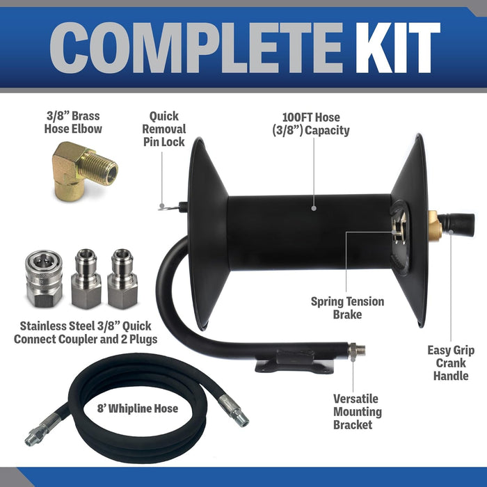 Pressure Washer Hose Reel 100 FT Kit | 4000 PSI Power Washer Hose Reel | Made For 3/8" Hose | 8 FT Whip Line | Comes With Additional Accessories | (Assembly Required)
