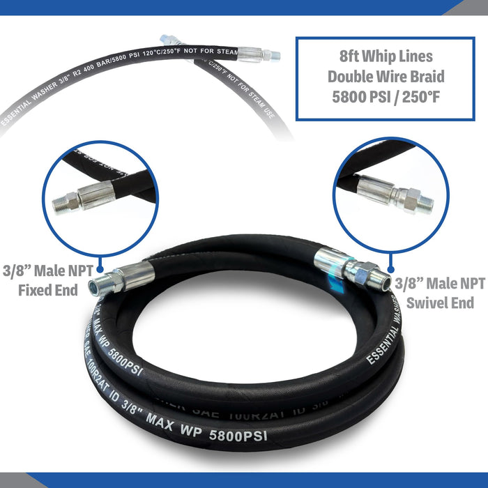 Pressure Washer 3/8" Male NPT Hose Whip Line with Fixed and Swivel Ends
