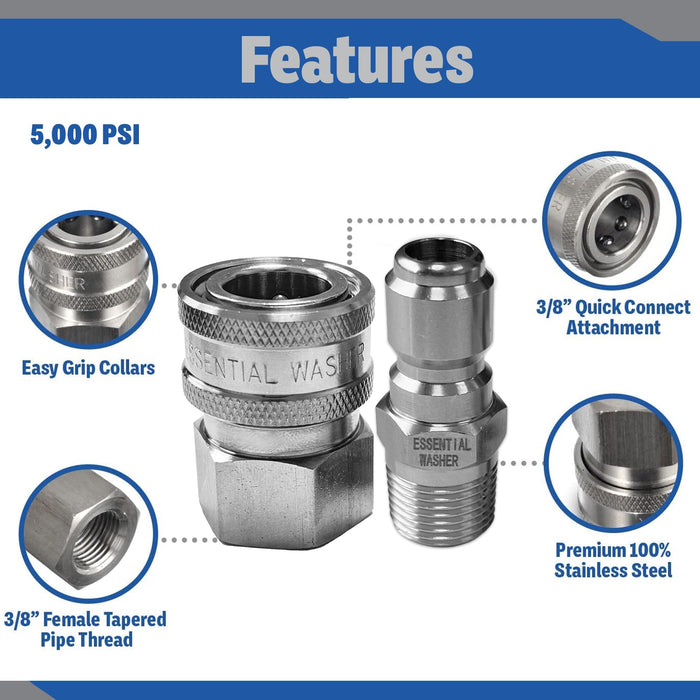 Pressure Washer Fittings Stainless Steel Quick 3/8 Inch Connect Coupler Socket/Plug Adapter Set