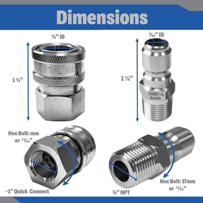 Pressure Washer Fittings Stainless Steel Quick 3/8 Inch Connect Coupler Socket/Plug Adapter Set