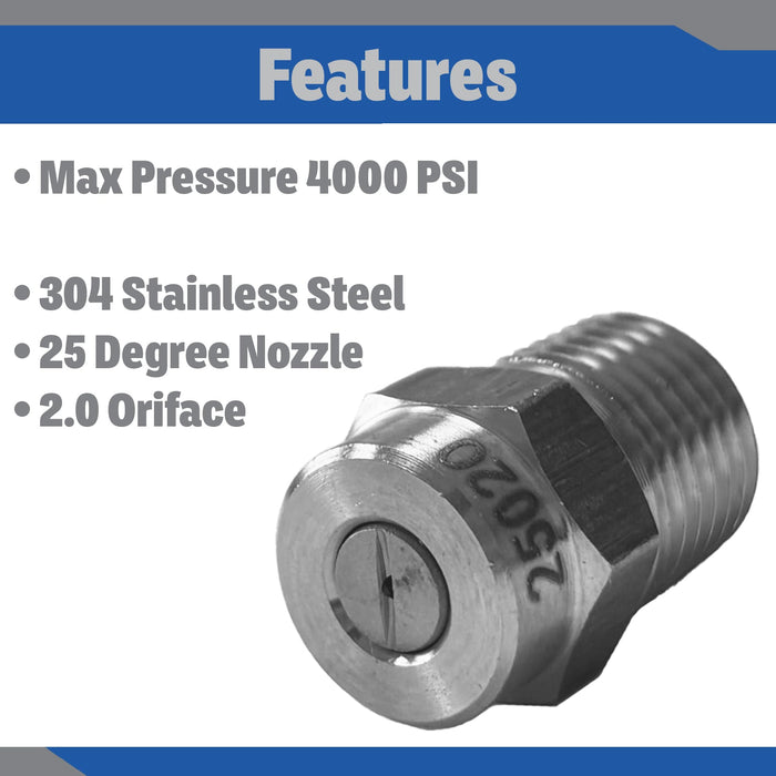 Pressure Washer Stainless Steel ¼” Male NPT 25 Degree 2.0 Orifice Surface Cleaner Tips