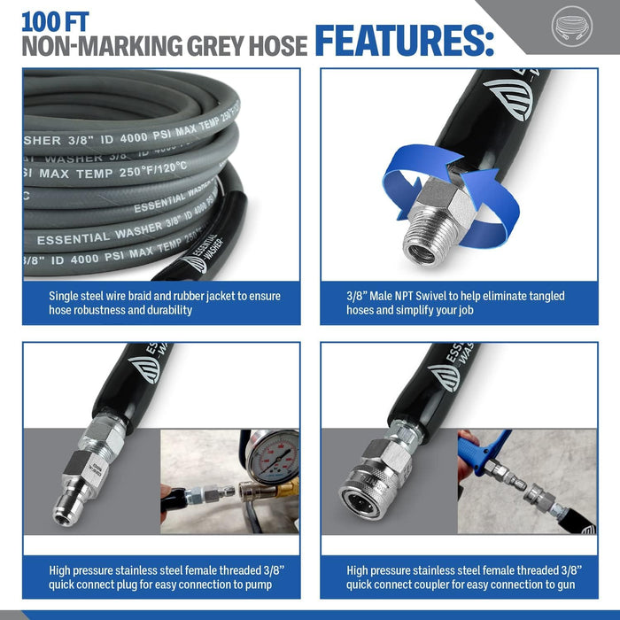 Pressure Washer Hose With 3/8 Quick Connect Fittings and 360 Swivel Outlet | 4000 PSI