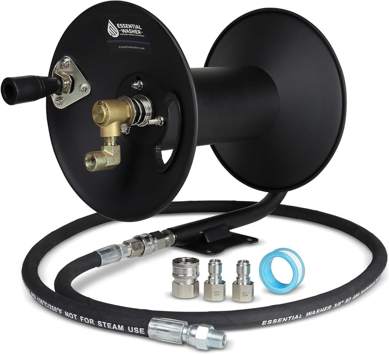 ESSENTIAL WASHER Pressure Washer Hose Reel 100 FT | 4000 PSI Power Washer Hose Reel | Made For 3/8" Hose | Comes With Additional Accessories | (Assembly Required)