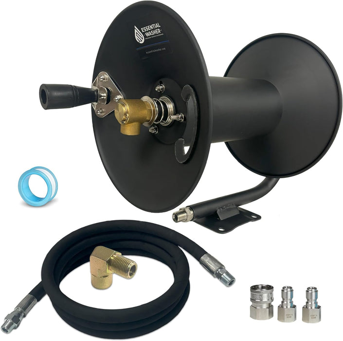 Pressure Washer Hose Reel 100 FT Kit | 4000 PSI Power Washer Hose Reel | Made For 3/8" Hose | 8 FT Whip Line | Comes With Additional Accessories | (Assembly Required)
