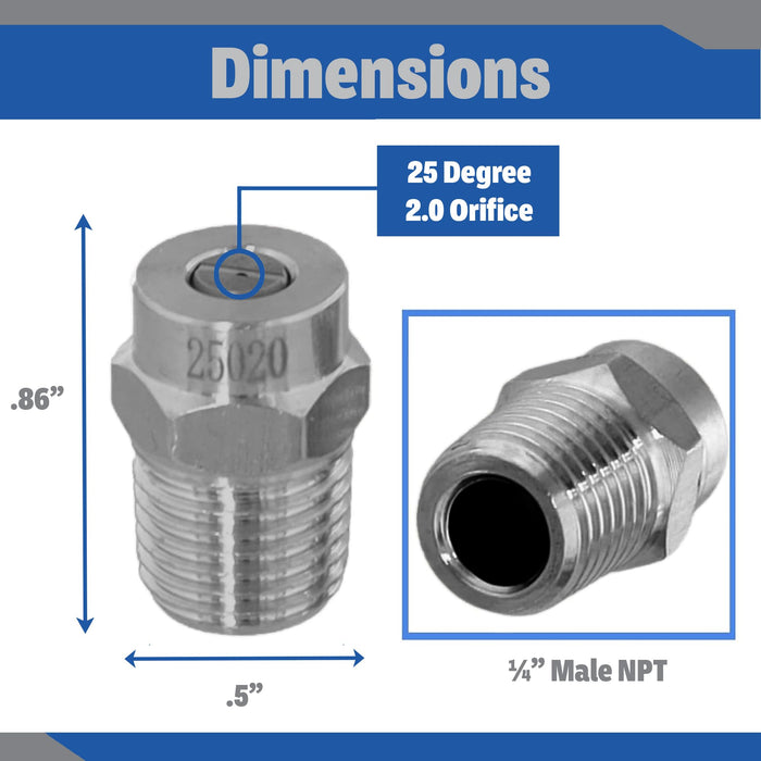 Pressure Washer Stainless Steel ¼” Male NPT 25 Degree 2.0 Orifice Surface Cleaner Tips