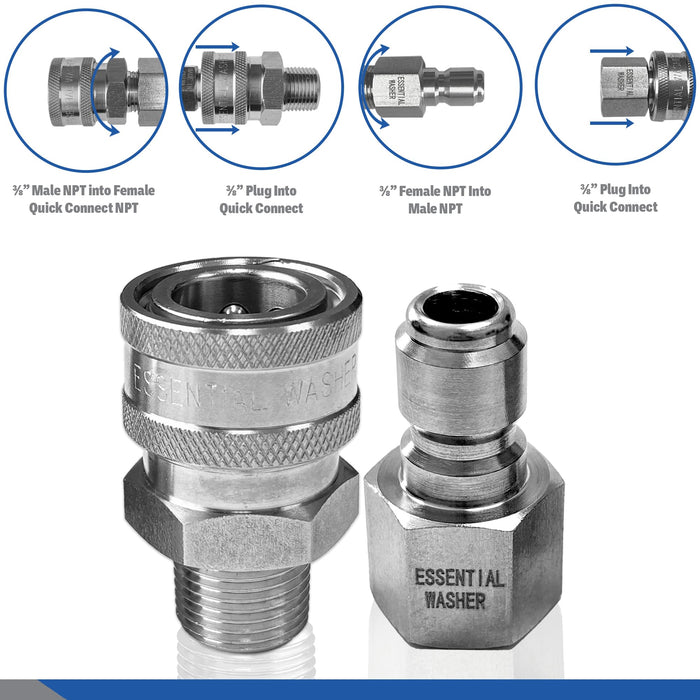 Pressure Washer Fittings Stainless Steel Quick 3/8 Inch Connect Coupler Socket/Plug Adapter Set
