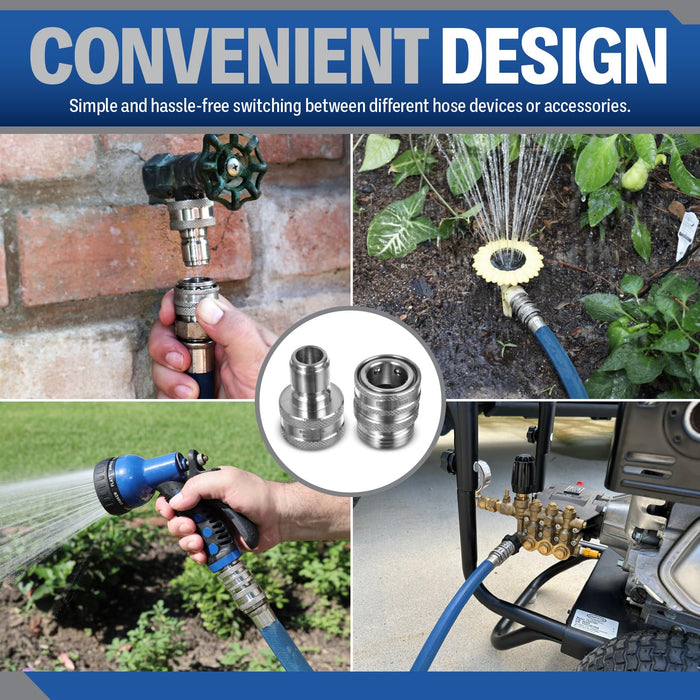 Garden Hose Stainless Steel ¾” Quick Connect Fittings Plug & Coupler Set with One Hand Operation Design
