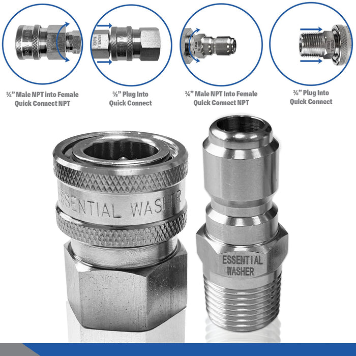 Pressure Washer Fittings Stainless Steel Quick 3/8 Inch Connect Coupler Socket/Plug Adapter Set