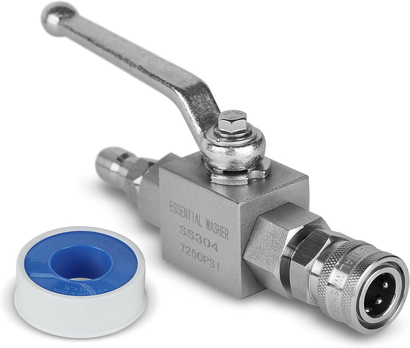 ESSENTIAL WASHER 7250 PSI High Pressure Washer Ball Valve, 3/8" NPT Female With Stainless Steel Coupler And Plug - Stainless Steel Ball Valve Shut Off Valve Kit
