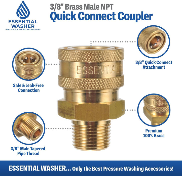 ESSENTIAL WASHER Brass 3/8" Female Quick Connect Fittings To Male NPT - Pressure Washer Couplers, 4200 PSI, 2 Pack