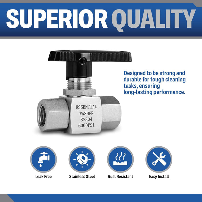 ESSENTIAL WASHER High Temp Pressure Washer Ball Valve, Stainless Steel 6000 PSI, 3/8" Female BSP Shut Off Valve