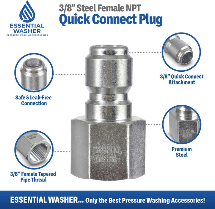 ESSENTIAL WASHER Plated Steel 3/8" Female Quick Connect Fittings Pressure Washer - Pressure Washer Plugs, 4200 PSI, 2 Pack