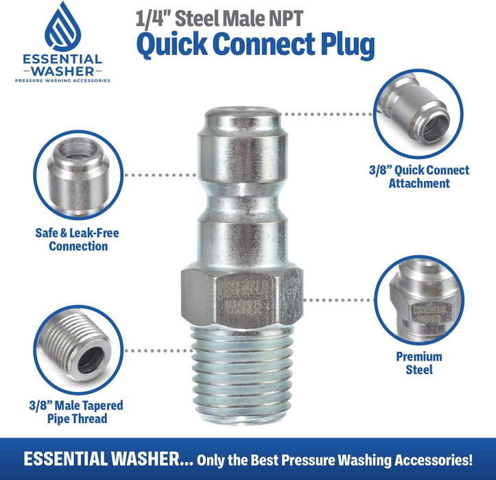 ESSENTIAL WASHER Plated Steel 1/4" Male Quick Connect Fittings Pressure Washer - Pressure Washer Plugs, 4200 PSI, 2 Pack