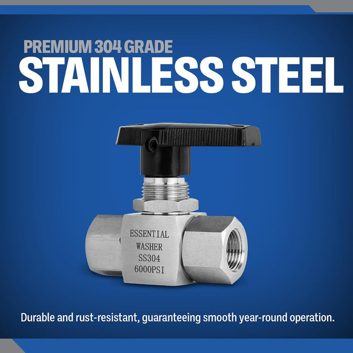 ESSENTIAL WASHER High Temp Pressure Washer Ball Valve, Stainless Steel 6000 PSI, 3/8" Female BSP Shut Off Valve