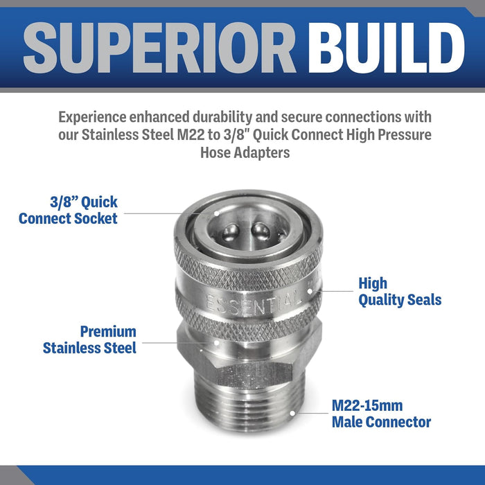 ESSENTIAL WASHER M22 To 3/8 Quick Connect | 5000 PSI Pressure Washer Quick Connect | M22 15mm Quick Connect