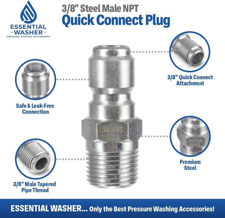 ESSENTIAL WASHER Plated Steel 3/8" Male Quick Connect Fittings Pressure Washer - Pressure Washer Plugs, 4200 PSI, 2 Pack