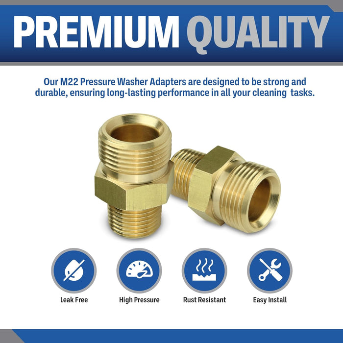 ESSENTIAL WASHER 3/8'' NPT Male to M22 14mm Adapter Male | Power Washer Coupling | Pressure Washer Adapter | Brass Male Pipe Thread 4500 PSI | 2 Pack