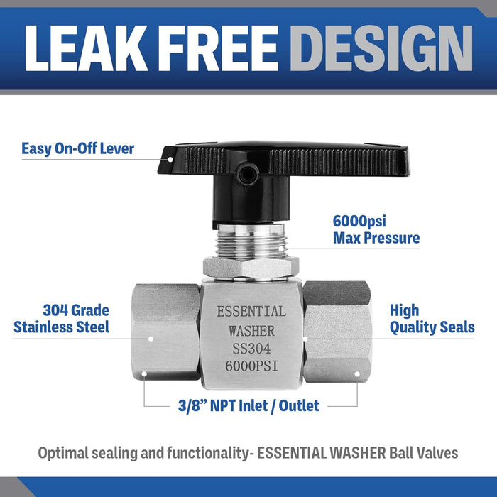 ESSENTIAL WASHER High Temp Pressure Washer Ball Valve, Stainless Steel 6000 PSI, 3/8" Female BSP Shut Off Valve