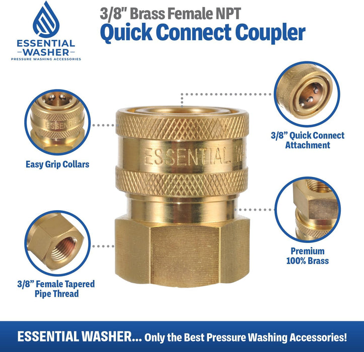 ESSENTIAL WASHER Brass 3/8" Female Quick Connect Fittings To Female NPT - Pressure Washer Couplers, 4200 PSI, 2 Pack