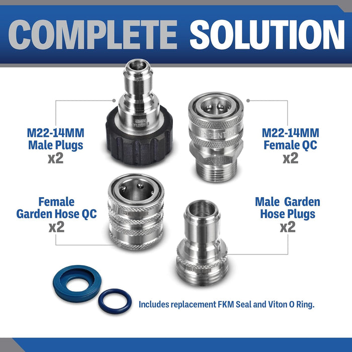 ESSENTIAL WASHER Pressure Washer Hose Quick Connect Kit, M22-14mm to 3/8' Male Female, Includes 2 Female & 2 Male M22-14mm Plugs, 2 Male Garden Hose Plugs, 2 Female Garden Hose QC, O-Rings