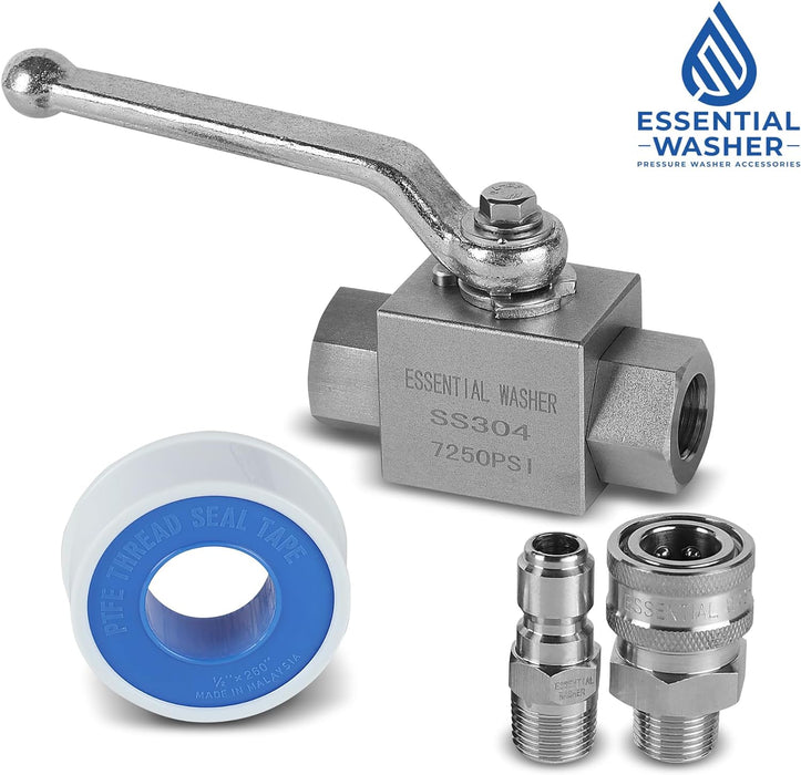 ESSENTIAL WASHER 7250 PSI High Pressure Washer Ball Valve, 3/8" NPT Female With Stainless Steel Coupler And Plug - Stainless Steel Ball Valve Shut Off Valve Kit
