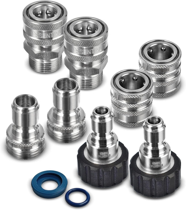 ESSENTIAL WASHER Pressure Washer Hose Quick Connect Kit, M22-14mm to 3/8' Male Female, Includes 2 Female & 2 Male M22-14mm Plugs, 2 Male Garden Hose Plugs, 2 Female Garden Hose QC, O-Rings