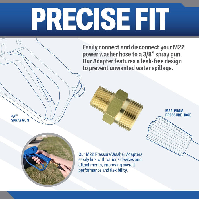 ESSENTIAL WASHER 3/8'' NPT Male to M22 14mm Adapter Male | Power Washer Coupling | Pressure Washer Adapter | Brass Male Pipe Thread 4500 PSI | 2 Pack