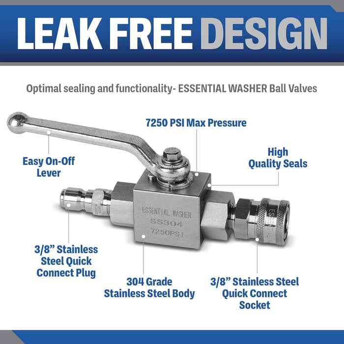 ESSENTIAL WASHER 7250 PSI High Pressure Washer Ball Valve, 3/8" NPT Female With Stainless Steel Coupler And Plug - Stainless Steel Ball Valve Shut Off Valve Kit