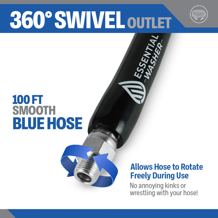 100FT PRESSURE WASHER HOSE - BLUE - 3/8" FLEXIBLE HOSE WITH STAINLESS STEEL FITTINGS