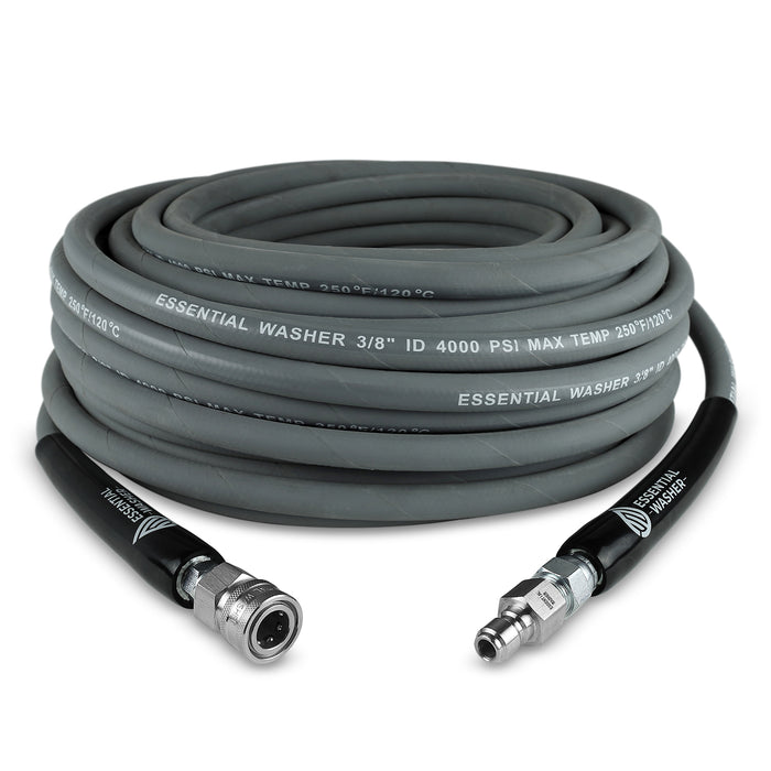 100 FT Grey Pressure Washer Hose | 3/8" Flexibility With Stainless Steel Fittings