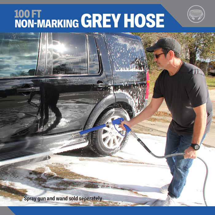 100FT PRESSURE WASHER HOSE - GRAY - NON-MARKING 3/8" FLEXIBLE HOSE WITH STAINLESS STEEL FITTINGS
