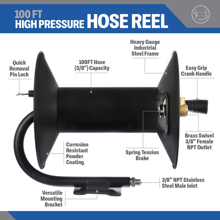 Pressure Washer Hose Reel - 100ft - High Pressure Commercial Grade