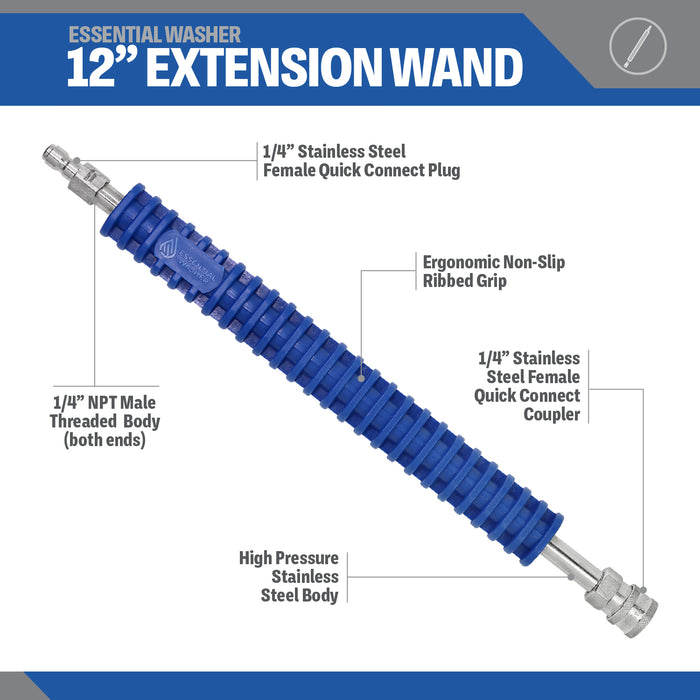 12" Pressure Washer Extension Wand - Stainless Steel with Preinstalled Fittings