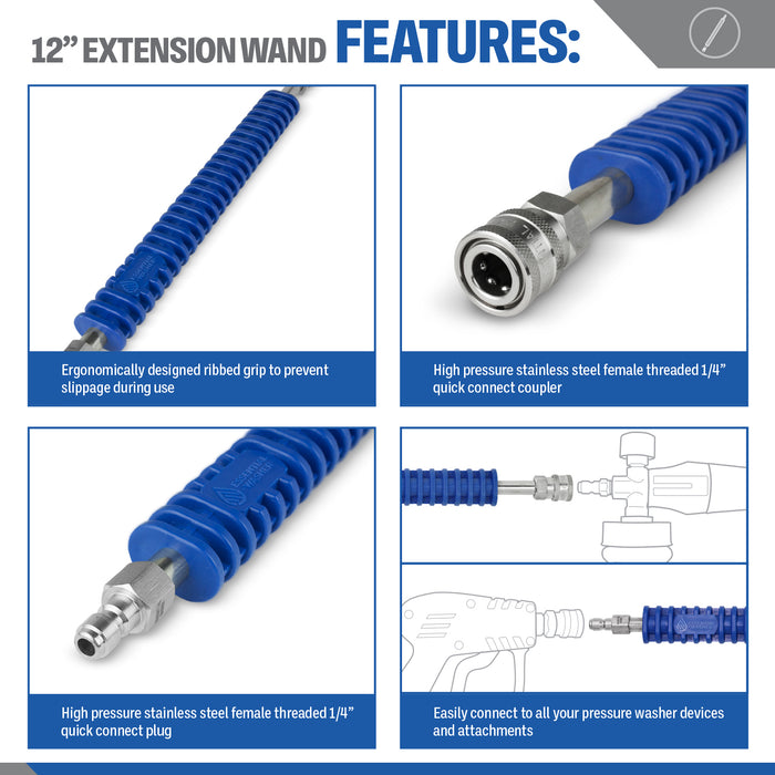 12" Pressure Washer Extension Wand - Stainless Steel with Preinstalled Fittings