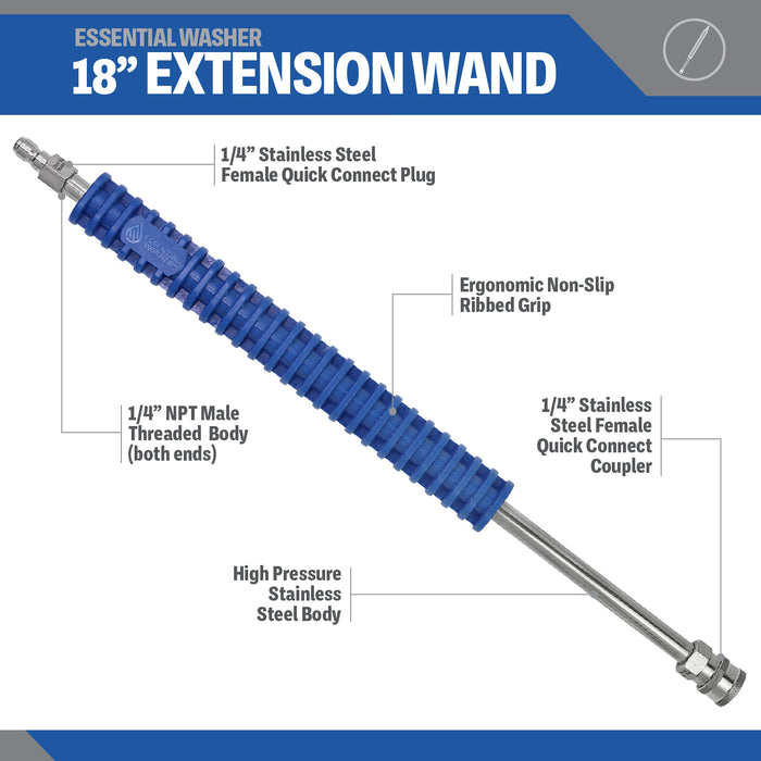 18" Pressure Washer Extension Wand - Stainless Steel with Preinstalled Fittings