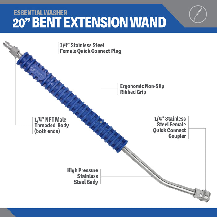 20" Pressure Washer Extension Wand with 20-Degree Bend - Stainless Steel with Preinstalled Fittings