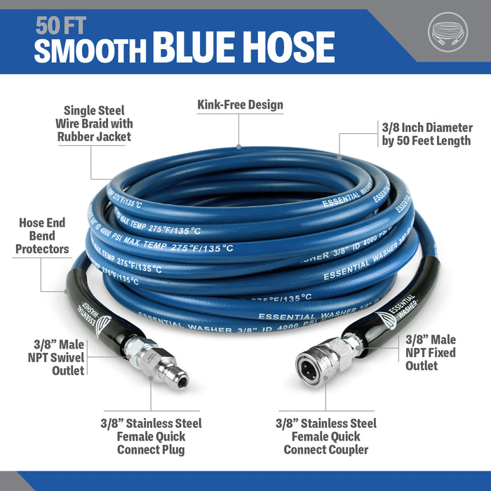 50ft Pressure Washer Hose - Blue - 3/8" Flexible Hose with Stainless Steel Fittings