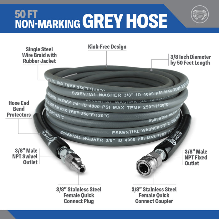 50 FT Grey Pressure Washer Hose | 3/8" Flexibility With Stainless Steel Fittings
