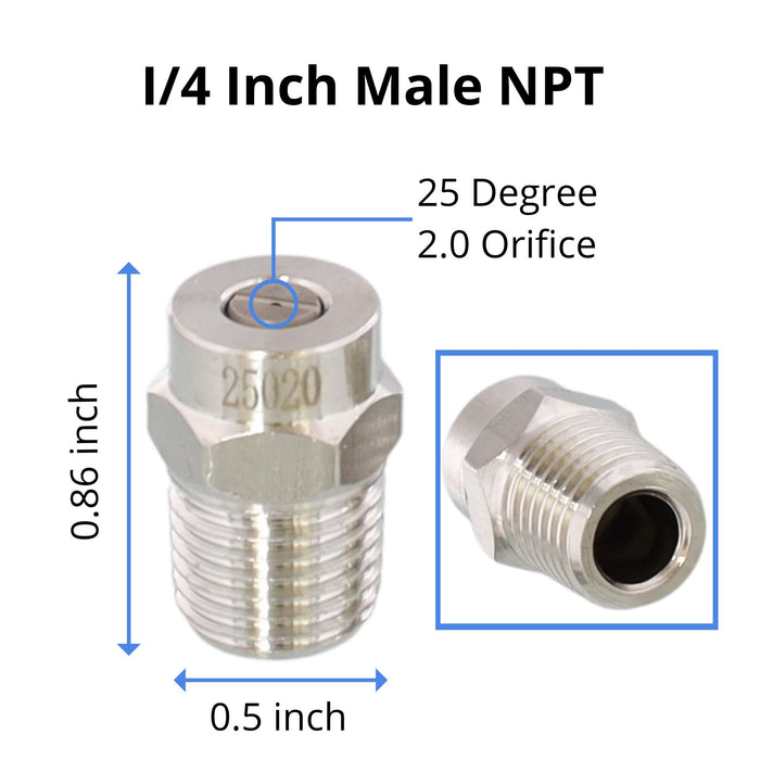 Stainless Steel Nozzle Tip for Surface Cleaner Pressure Washer Broom and Undercarriage | 4000 PSI | 1/4" Inch Male NPT | 25 Degree 2.0 Orifice