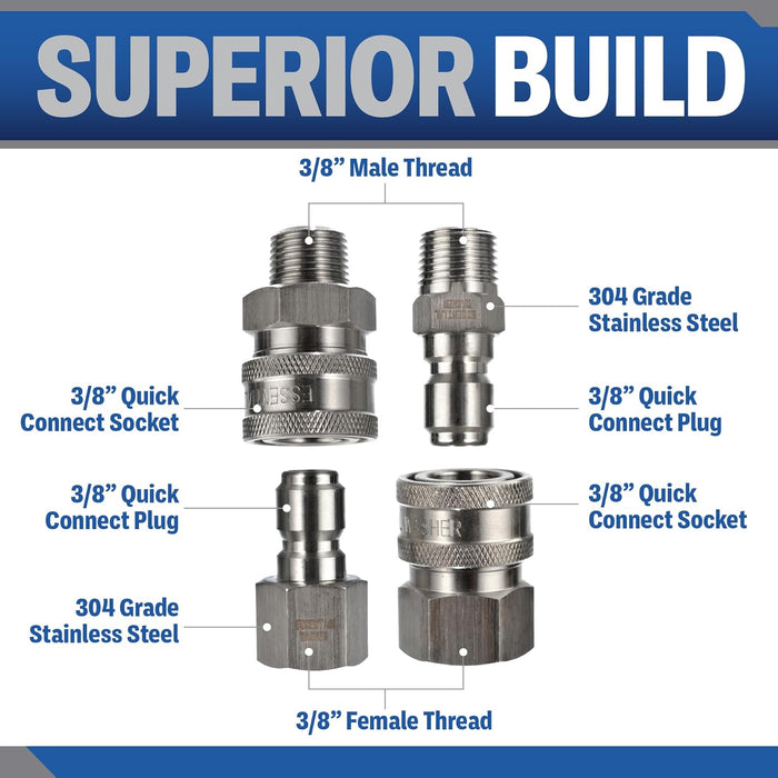 Pressure Washer 3/8" Stainless Steel Quick Connect Fittings | 8 Pieces in Total