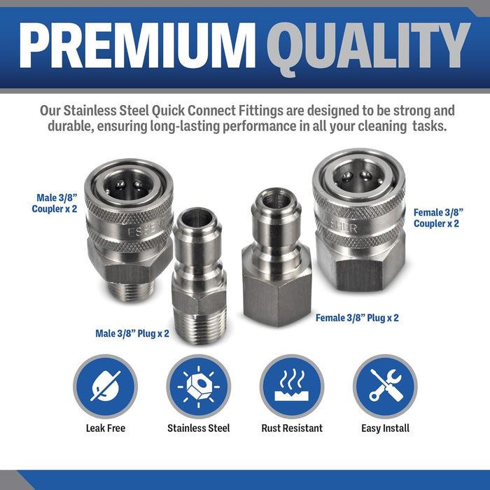 Pressure Washer 3/8" Stainless Steel Quick Connect Fittings | 8 Pieces in Total