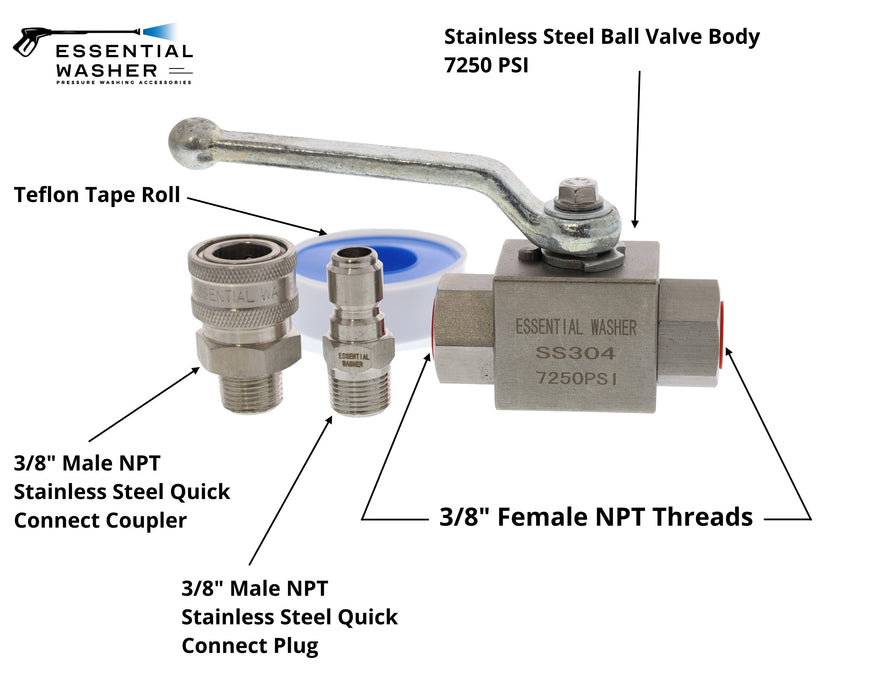 Stainless Steel High Pressure Ball Valve - 2 Port 3/8" NPT Female with Stainless Steel Coupler and Plug - 7250 PSI