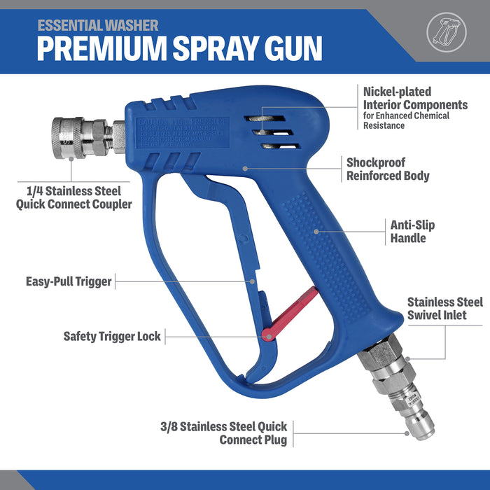 Premium 4000 PSI Pressure Washer Gun With Stainless Steel Swivel | 3/8" Male Plug and 1/4” Quick Connector Coupler