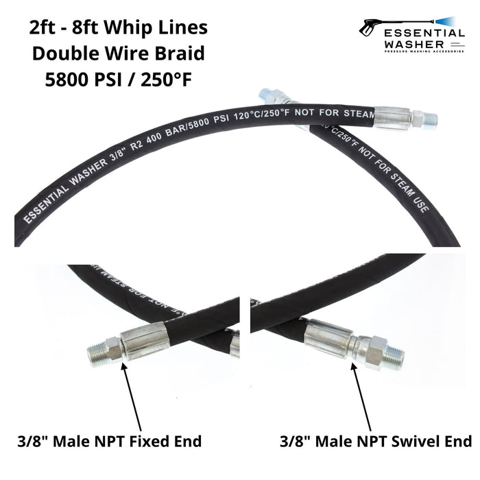 6FT WHIP LINE FOR PRESSURE WASHER REEL AND OTHER APPLICATIONS - 3/8" 5800 PSI HEAVY DUTY COMMERCIAL GRADE