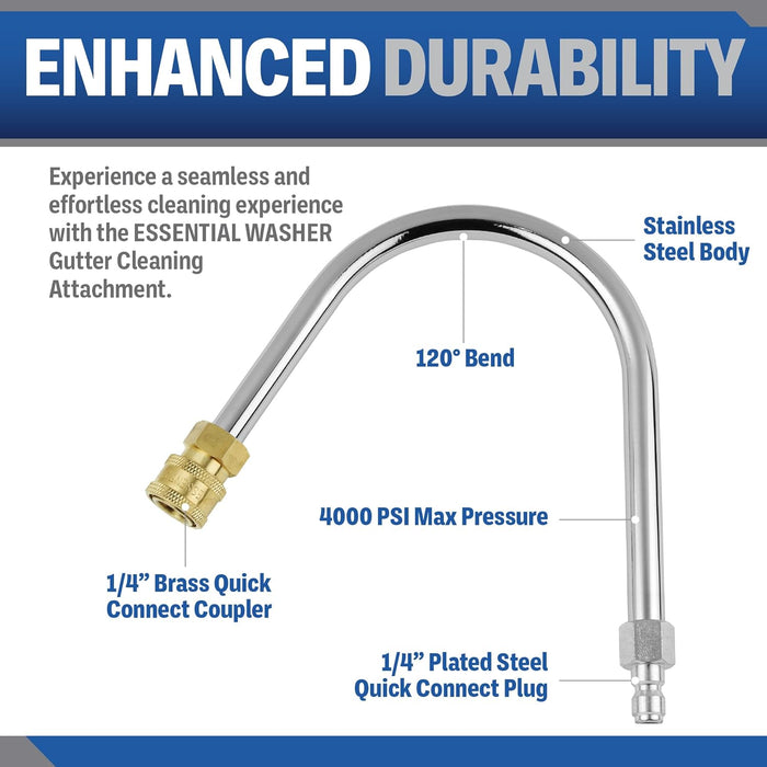 ESSENTIAL WASHER 120 Degree Bend Pressure Washer Gutter Cleaner Attachment with 1/4'' Quick Connect Brass Coupler and Plated Steel Plug